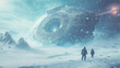 Futuristic spaceship on snowy alien planet landscape.