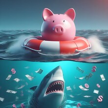 Pink Piggy Bank On A Buoy To Protect Your Savings From Shark Attacks. Concept Of Financial Risk, Investment Failure, Debt Problem, Economic Crisis, Bankruptcy. Generative AI.