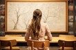 © Jahan Mirovi - Back view of a young female teacher sitting at a table in a classroom. modern classroom interior. education concept.