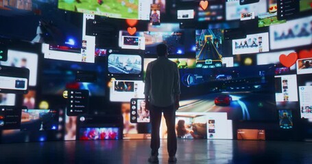 Wall Mural - back view of caucasian man entering 3d cyberspace with animated social media interfaces, online vide