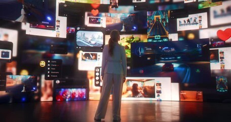 Wall Mural - portrait of caucasian woman entering 3d cyberspace with animated social media interfaces, online vid