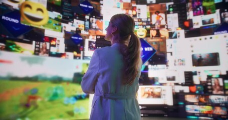 Wall Mural - close-up portrait of caucasian woman entering animated stream of content. visualization of browsing 