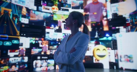Wall Mural - close-up portrait of caucasian woman entering animated stream of content. browsing multimedia all-in