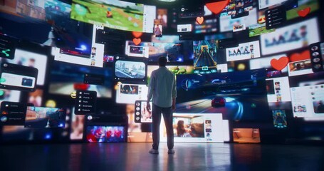 Wall Mural - back view of caucasian man enjoying 3d cyberspace with animated social media interfaces, online vide
