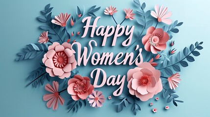 Wall Mural - A text of happy woman's day banner with flowers and other staffs in a clean backdrop, Generative AI.
