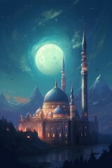 Wall Mural - Mosque on the background of the night sky with full moon.