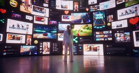 Wall Mural - backview of caucasian woman connecting to animated stream of content. visualization of browsing meta