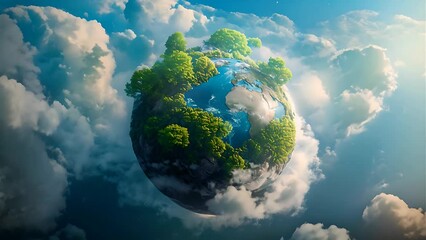 Wall Mural - A detailed Earth planet with trees, rocks and blue water on it, surrounded by clouds. Sustainable science concept composition.