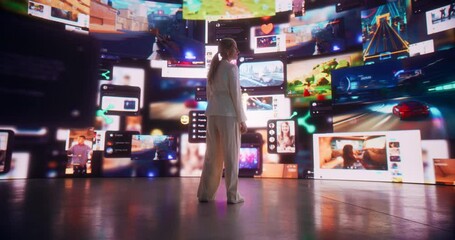 Wall Mural - back view of caucasian woman entering 3d cyberspace with animated social media interfaces, online vi