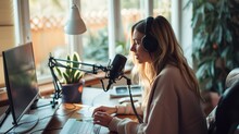 A Woman Doing Podcast In Front Of Laptop With A Chill Mood And A Big Copy Space, Generative AI.