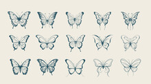 Set Of Butterfly Vintage Tattoo Hand Drawn Style. Monochrome Vector.
