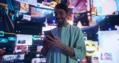 Wall Mural - portrait of caucasian man using smartphone in 3d cyberspace with animated social media interfaces, o