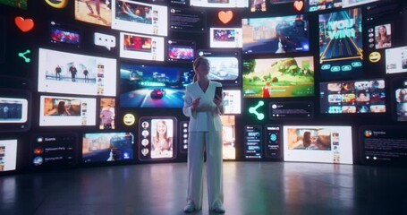 Wall Mural - portrait of caucasian woman connecting via smartphone to virtual network of social media, online gam