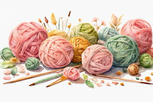 Multicolored Balls Of Yarn With Knitting Needles On A White Background