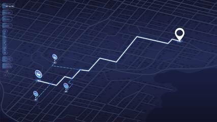 Wall Mural - Alternative transport with location system. GPS navigator screen. Fragments of town. An abstract navigation plan highlights POI including city streets, blocks. Editable vector illustration