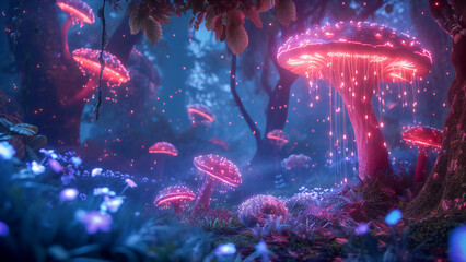 Wall Mural - An enchanted forest in the night, with luminescent plants and mushrooms