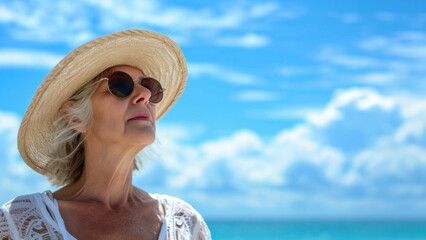 Wall Mural - Serene Escape: Mature Woman Enjoying the Seaside Ambiance. A stylish elderly woman with sunglasses and a sunhat gazes into the distance