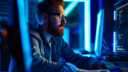 portrait of a service engineer looking at a computer monitor, conceptual space with neon lighting, p