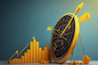 Dartboard with arrow on a rising bar graph, symbolizing enhanced business objectives, targets, and goals. 3D render for a conceptual and dynamic visual.