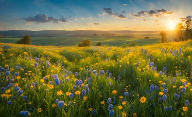 Sunny spring field: Vibrant flowers under the sun