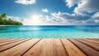 sea beach and empty wooden floor for use banner, nature seascape view of beautiful tropical beach and sea in sunny day.