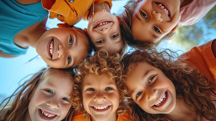 Group of children smiling, looking down into the camera in a circle.