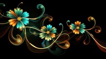 Blue And Orange Flowers With Curls On A Black Background