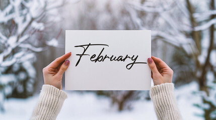 Female hands holding a card with the word February in the winter forest.