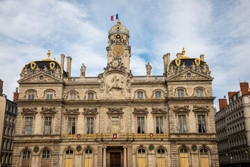 Wall Mural - City Hall building facade entrance of town Lyon in france with french flag