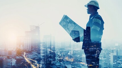 construction engineer holding plan in double exposure above blue city and construction site    