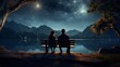 Romantic couple enjoying stargazing on a park bench at night