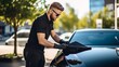 Car detailing concept: man cleaning black car with microfiber cloth, selective focus on shiny surface