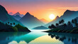 tropical lake from side view at sun set flat art design illustration