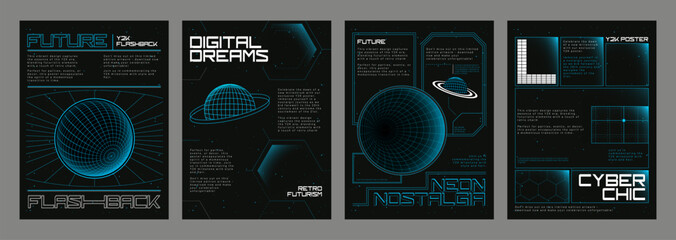 Wall Mural - Y2k aesthetic space banners set. Vector realistic illustration of retrowave vibe posters with wireframe globe, geometric border lines on black starry sky background, retro futuristic style flyers