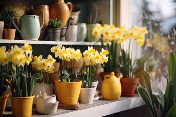 Wall Mural - Pots and vases with spring flowers, daffodils in light interior. Spring