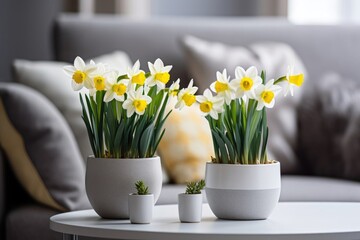 Wall Mural - Pots and vases with spring flowers, daffodils in light interior. Spring