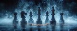 Fototapeta  - Set of chess pieces element stating on chessboard, queen rook. Cinematic lighting. Leadership, teamwork, partnership, business strategy, and decision concept. Generative Ai.