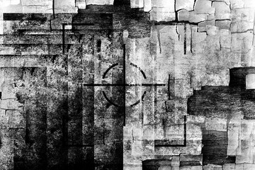Wall Mural - Abstract grunge cracked paint wall. Grungy frame.  Drawing on old grungy surface. Urban cyber punk black and white illustration	