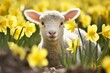 Small lamb in daffodil flowers. Cute farming sheep in green blossom spring field. Generate ai