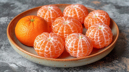 Wall Mural - Peeled tangerines on a plate on a gray background