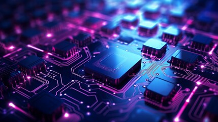 Abstract structure of circuit board with glowing neon blue lines and dots, computer technology and business concept background