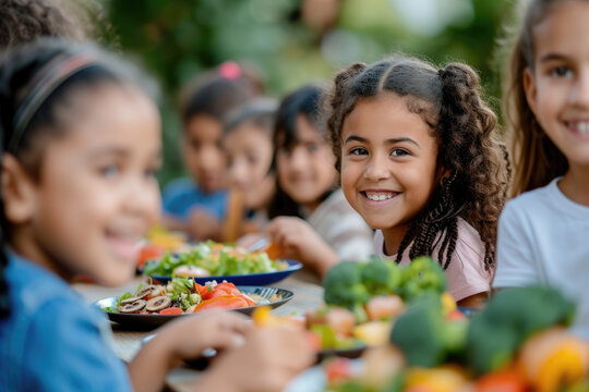 Happy and joyful children eating healthy food in the schoolyard