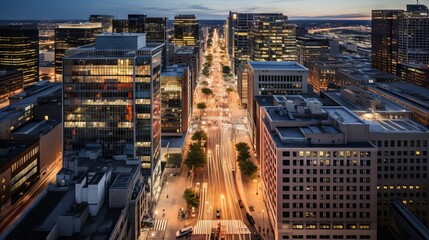 Wall Mural - Dazzling aerial panorama: bustling downtown cityscape with skyscrapers and dynamic streets