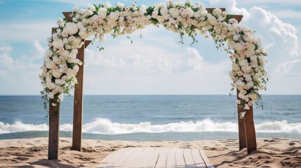 Wall Mural - Elegant floral arch and aisle on sandy beach for romantic wedding destination