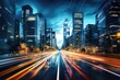 This image captures the dynamic hustle and bustle of a city street at night through a long exposure shot, road in city with skyscrapers and car traffic light trails, AI Generated