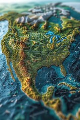 Geographical Marvel: A 3D Topographic Map Highlighting the Rich and Varied Terrain of a Continent Rising from the Ocean, Generative AI