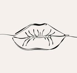 Wall Mural - One line continuous woman lips on white background. Outline vector illustration. For banner, design element, template, postcard.