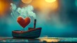 A whimsical setup of a small toy ship with heart shaped smokes coming out of its chimney, ready to deliver love and joy this Valentine's Day. 