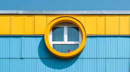 Poster - A window with a round shape on the side of blue and yellow building, AI