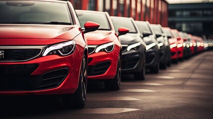 Red and black car among new vehicles on display at a dealership